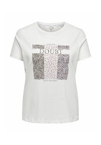 Biała koszula t-shirt z krótkim rękawem, zdobiona graficznym wzorem z motywem zebry i lamparta oraz napisem "NIGDY NIE WĄTPI W SWOJE INSTYNKTY".