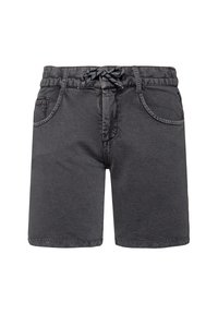 Pilkos medvilnės šortai su elastingu juosmeniu, juodu raišteliu ir dviem šoniniais kišeniais. Išsiskiria tekstūruota medžiaga ir siuvinėtais akcentais.