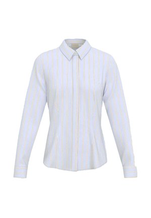 Camicia aderente da donna a maniche lunghe con righe verticali gialle e bianche su tessuto azzurro, caratterizzata da un colletto appuntito e polsini con bottoni.