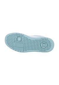 Light blue rubber sneaker outsole with a textured grip pattern and circular detail; features branding logo in a square at the heel.