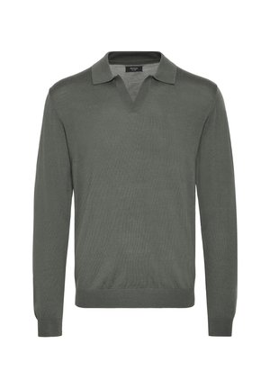 Suéter polo de manga larga en verde apagado, con cuello en V, collar plano y una suave tela de punto texturizada. Sin patrones ni acentos prominentes.