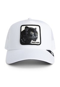 White cap with a mesh back, featuring a black embroidered panther in a square patch. Includes a small black accent on the side.