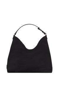 Black hobo bag made of smooth material, featuring a curved top and adjustable shoulder strap. Sleek, minimalist design with no visible hardware.