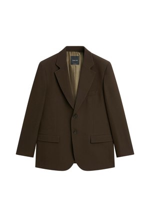 Dunkelbrauner Herrenblazer mit Revers mit Kerbe, zwei vorderen Knöpfen, Pattentaschen und einer Brusttasche, auf weißem Hintergrund gezeigt.