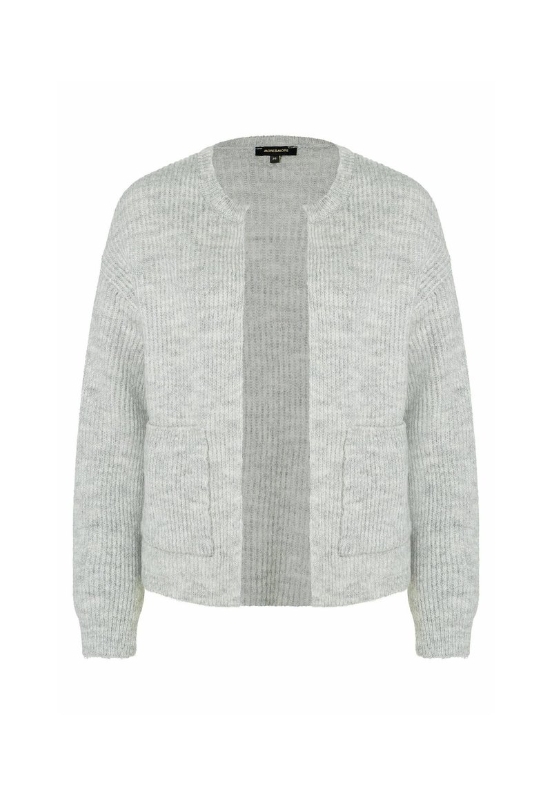 Hellgraue gestrickte Strickjacke mit einem strukturierten Muster, offenem Vorderteil und zwei aufgesetzten Taschen. Verfügt über gerippte Bündchen und einen runden Halsausschnitt.