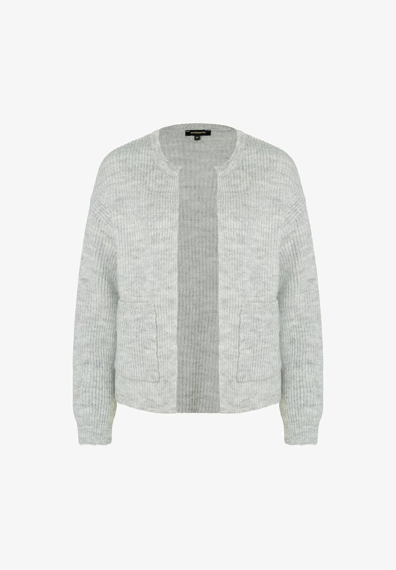 Hellgraue gestrickte Strickjacke mit einem strukturierten Muster, offenem Vorderteil und zwei aufgesetzten Taschen. Verfügt über gerippte Bündchen und einen runden Halsausschnitt.