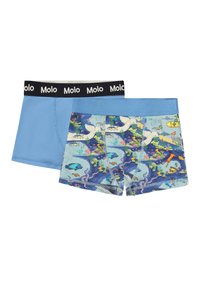 Two pairs of boys' boxer briefs, one solid light blue with black waistband and one with colorful underwater sea life print.