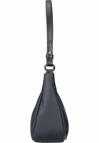 Borsa a tracolla in nylon blu navy con una singola tracolla in pelle nera, forma a goccia e hardware minimale. Texture liscia con una leggera lucentezza.