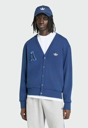 Young person wearing a blue buttoned cardigan with letter A patch, white shirt, gray sweatpants, and a blue cap with a white Adidas logo.