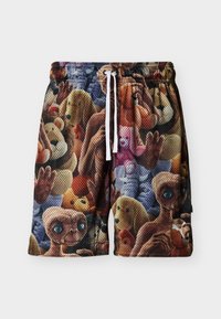 Bañador corto con diseño de malla que presenta un patrón colorido de personajes de dibujos animados y animales, cintura elástica y cordón blanco.