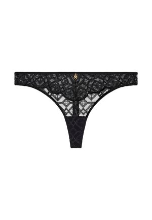 String en dentelle noire avec motifs floraux délicats, une ceinture noire lisse et un petit accent doré au centre avant.