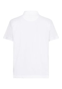 Biely polo tričko s krátkymi rukávmi, vyrobené z hladkej tkaniny. Disponuje klasickým golierom a čistým, jednoduchým dizajnom bez viditeľných log alebo vzorov.