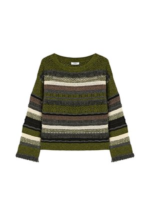 Strickpullover mit grünem Grundton, versehen mit horizontalen Streifen in Beige, Braun, Schwarz und Grau. Fransenakzente an den Manschetten und dem Saum.