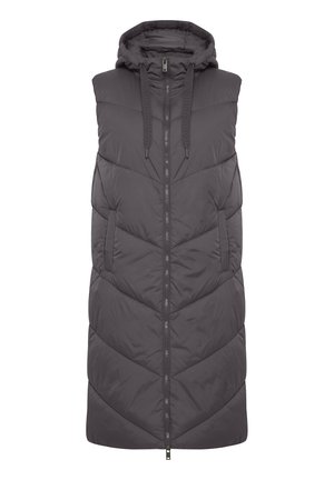 Puffer vest in dark gray, sleeveless design with hood, front zip closure, chevron pattern with pockets. Soft, quilted texture.