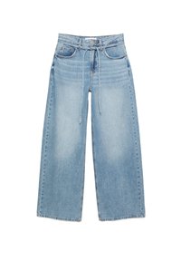 Světlomodré džíny se širokými nohavicemi vyrobené z denimu, s vysokým pasem, poutky na pásek, předními kapsami a jemně vybledlou strukturou.