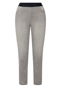 Pantalones de mezclilla gris con una cinturilla elástica negra, que cuentan con dos bolsillos frontales y un diseño de pierna recta. Textura suave con un ligero desgaste.
