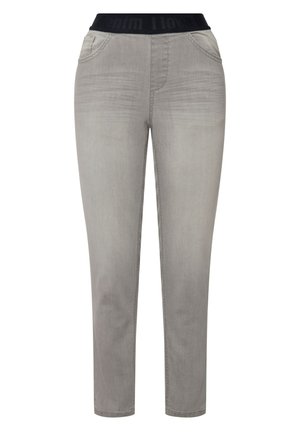 Šedé denimové kalhoty s černým elastickým pasem, obsahující dvě přední kapsy a rovný střih. Hladký povrch s jemným odřením.