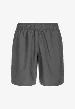 Grå atletiske shorts med elastisk talje, glat tekstur og en løs pasform. Sidelomme og minimal branding på den nederste del af benet.