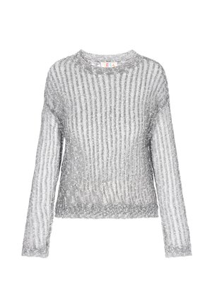 Silver knitted sweater featuring a textured, ribbed design with long sleeves and a round neckline. Soft, lightweight material.