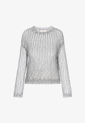 Hõbedane kudumiskampsun, millel on tekstureeritud ribakujundus, pikad varrukad ja ümmargune kaelus. Pehme, kerge materjal.