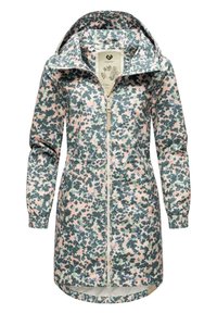 Vandtæt blomsterregnjakke med hætte, med et grønt og pink mønster, en forklaring lynlås og elastiske manchetter. Glat, letvægtsstof.