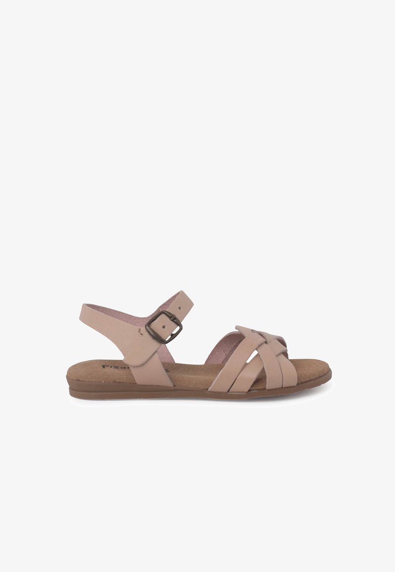 Ruusuväriset sandaalit, joissa on nauhat, teksturoitu pohja, säädettävä solki ja litteä pohja, sekä kudotut nahkanauhat edessä.