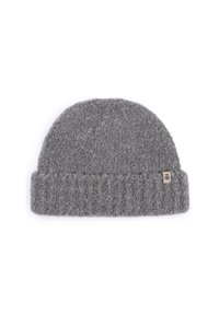 Gray knit beanie with a folded brim and a small beige brand tag on the side, against a white background.