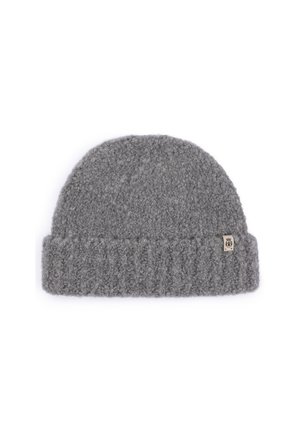 Gray knit beanie with a folded brim and a small beige brand tag on the side, against a white background.