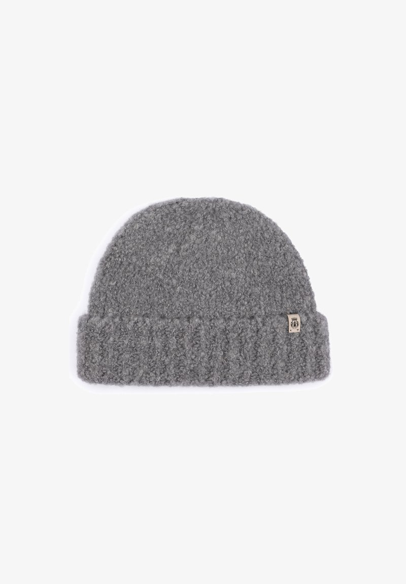 Gray knit beanie with a folded brim and a small beige brand tag on the side, against a white background.