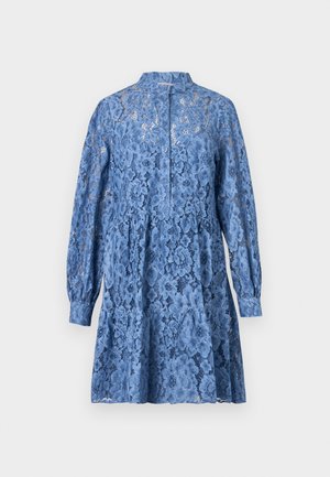Blue lace dress with a mandarin collar, long sleeves, and a tiered design. Features floral patterns and button-down front.