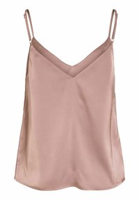 Haut caraco en satin sans manches couleur rose poudré avec fines bretelles réglables et encolure en V.