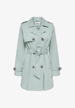 Svetlo modri dvoprsi plašč s pasom za zavezovanje, gumbnimi manšetami, naprstniki na ramenih in dvema sprednjima žepoma.