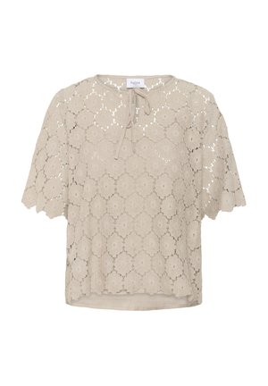 Bluză bej din croșetat cu model de dantelă florală, mâneci scurte, guler rotund și detaliu cu funda în față. Material moale, texturat.