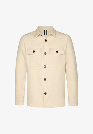 Cremfarbener Wollmantel mit strukturiertem Finish, mit einer Knopfleiste, zwei Brusttaschen und dunklen Knöpfen für den Kontrast.