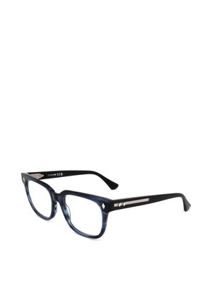 Occhiali rettangolari in acetato nero e blu scuro con lenti chiare e dettagli decorativi argento sulle aste.