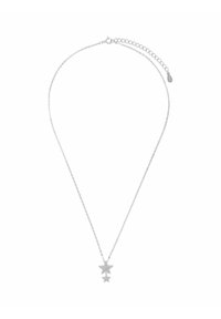 Collana in argento con due pendenti a forma di stella, uno più grande con superficie testurizzata e l'altro più piccolo, entrambi con una finitura lucida.