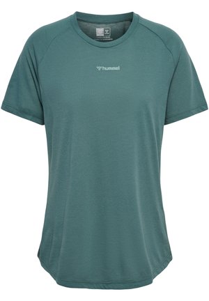 T-shirt vert à manches courtes en tissu texturé. Doté d'un col rond et d'un ourlet arrondi. Logo Hummel en blanc sur la poitrine.