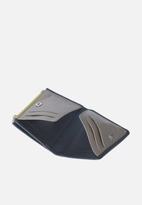 Black leather wallet with grey interior, featuring card slots and a snap closure, includes a yellow zipper detail for added contrast.