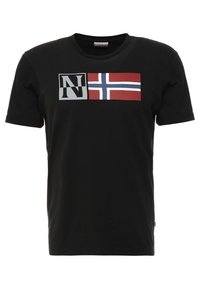 Schwarzes Baumwoll-T-Shirt mit einem grafischen Design, das den Buchstaben "N" und die norwegische Flagge zeigt, kurze Ärmel und Rundhalsausschnitt.