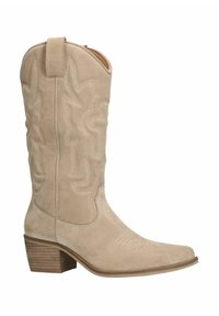 Stivale da cowboy in suede beige con intricate cuciture, punta affusolata e tacco in legno. Presenta un occhiello sulla gamba per una facile vestibilità.