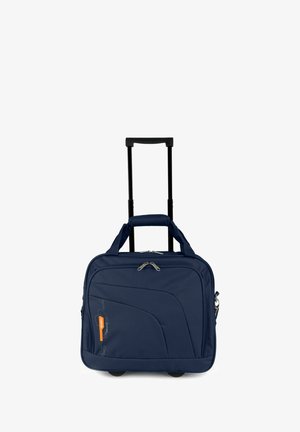 Marineblauer Kabinen-Trolley mit ausziehbarem Griff, vorderer Reißverschlusstasche und oberen Tragegriffen.