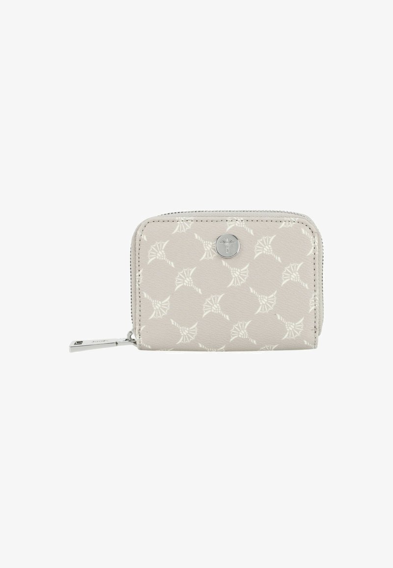 Portefeuille gris clair avec une surface à motifs présentant des designs blancs subtils et un zip argenté. Il est compact avec un tirant de zip en argent.