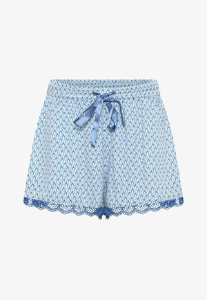 Blå mønstrede shorts lavet af letvægtsstof. Har en smocket talje med et satinbånd og blondekant ved kanten.