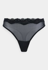 String noir en tissu transparent avec une taille en dentelle délicate. Présente une texture lisse et un design minimaliste.