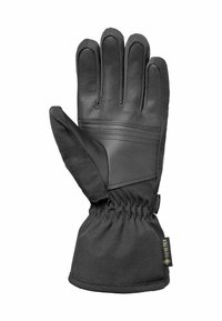 Zwarte handschoenen met leren handpalm en vingers, textiele achterkant, elastische pols en GORE-TEX-label. Ontworpen voor warmte en bescherming tegen het weer.