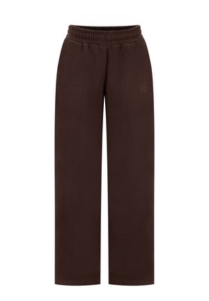Pantaloni larghi marroni con vita elasticizzata e logo del marchio discreto sulla coscia destra, mostrati distesi su uno sfondo bianco.