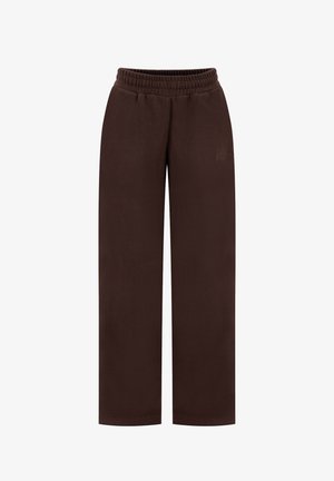 Pantaloni larghi marroni con vita elasticizzata e logo del marchio discreto sulla coscia destra, mostrati distesi su uno sfondo bianco.