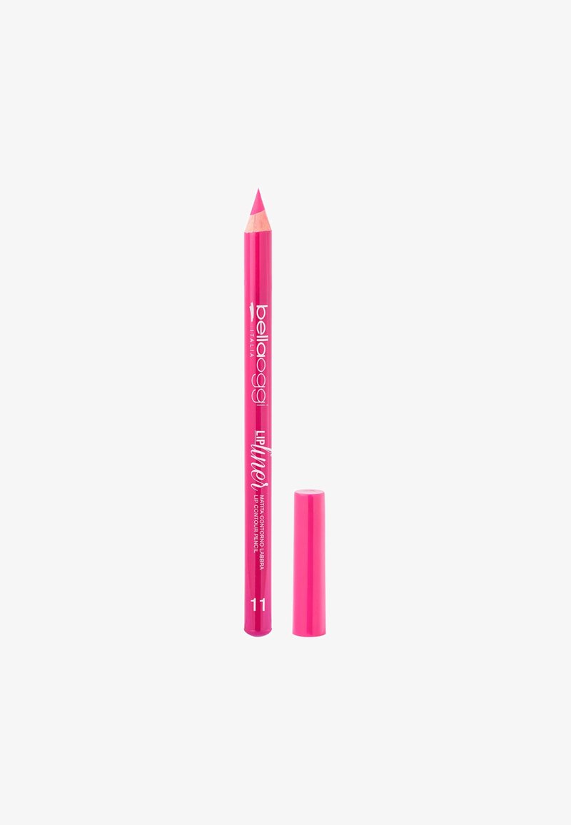 Matita per contorno labbra rosa brillante con cappuccio abbinate, etichettata "Bellaoggi Lip Mat 11," mostrata su sfondo bianco.
