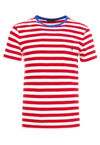 Červeno-bílý pruhovaný tričko s modrým výstřihem, obsahuj�ící kapsu na levé straně hrudi a malou logovou ozdobu na kapse. Materiál: bavlna.