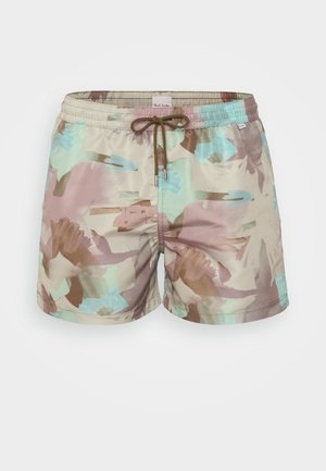 Shorts de bain avec un motif abstrait multicolore dans les teintes beige, marron et bleu pastel. Dotés d'une taille élastique et d'un cordon de serrage.
